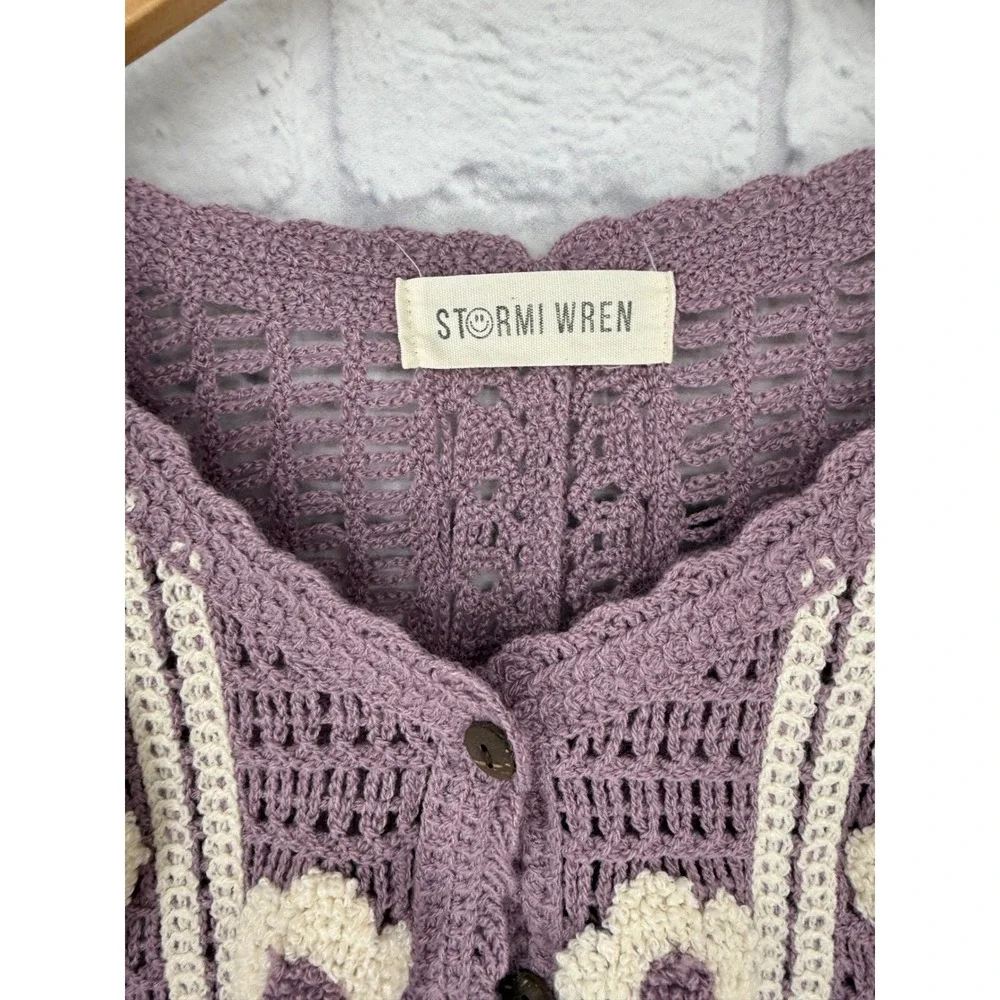 Stormi Wren Crochet Floral Sweater Vest Lavender Boho Cottagecore Button Front S